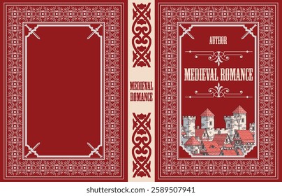 Red book cover design with elegant frame, crossed swords, and medieval castle illustration, perfect for historical fiction or fantasy novels. Hand drawn Illustration