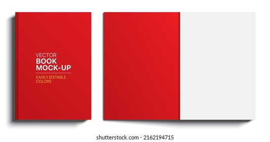 Red book cover realistic vector mockup. Closed and opened book isolated on white background.