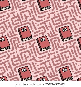 Red book with doodle seamless pattern. Red labyrinth doodle with book in seamless pattern.