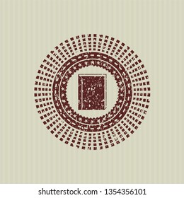 Red book icon inside distress rubber seal with grunge texture
