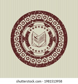 Red book icon inside distressed grunge seal. 