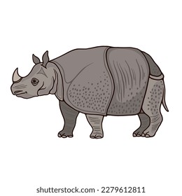 Red book Javan rhino with single horn. Animals inhabit lowland rain forest and wet grasslands. Cartoon style illustration