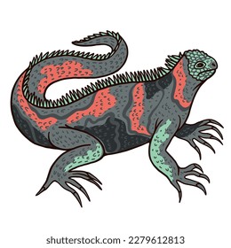 Red book marine iguana reptile. Herbivores and eat marine algae. Lizards feed in shallow sea waters. Cartoon style illustration