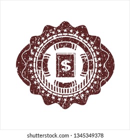 Red book with money symbol inside icon inside rubber seal with grunge texture