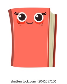 Red book or notepad. Isolated on white background. Cheerful cute cartoon character. Childrens design. With a face and a smile. Vector