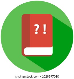 A red book with a question mark and an exclamation mark isolated on white background. Vector icon.