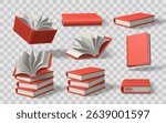 Red Book Set in Various Positions with Open and Closed Pages, Isolated on Transparent Background. Ideal for Education, Library, and Reading Concepts. Vector Illustration.