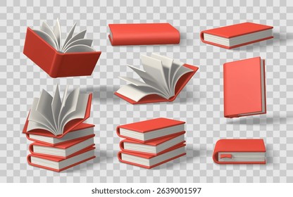 Red Book Set in Various Positions with Open and Closed Pages, Isolated on Transparent Background. Ideal for Education, Library, and Reading Concepts. Vector Illustration.