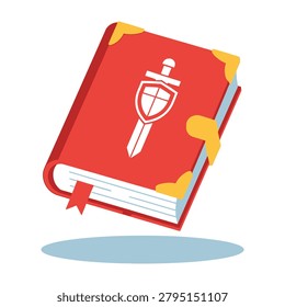 A red book with a sword and shield symbol on the cover floats in the air against a white background