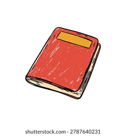Red book with yellow label shown close up focused on subject