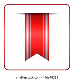 Red bookmark banner. Vertical book mark, isolated on white background. Color tag, label. Flag symbol, sign. Design element blank. Empty sticker for sale. Template icon decoration. Vector illustration.
