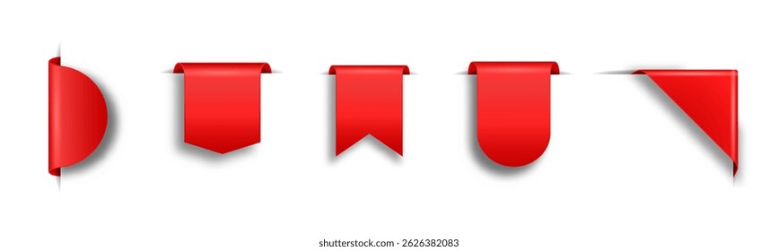 Red bookmark tapes vector set. Ribbon style red markers realistic design.