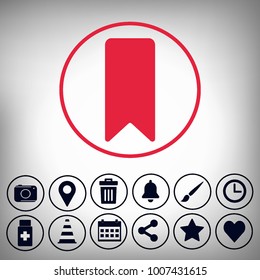 red bookmark,and camera, location,trash,bell,brush,clock,drugs,cone,calendar,share,star,heart, set icons
