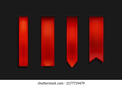 Red bookmarks, ribbon, banner 3d mockup, blank book marks with rounded, pointed and straight edges. Vertical silk scarlet canvas, tags template, Realistic 3d vector icons isolated on black background