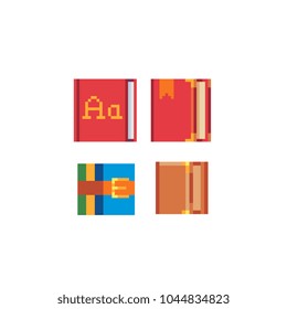 Red books pixel art icons set. Element design for mobile app, web, sticker, logo. Game assets 8-bit sprite. Isolated vector illustration. School stationery and training.