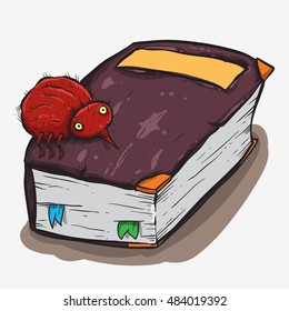 red bookworm on a book drawing illustration 