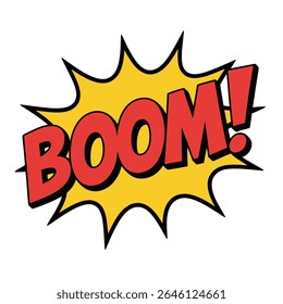 Letras Red BOOM em um estilo 3D em negrito em um plano de fundo amarelo com contornos pretos
