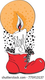 Red boot candle holder with a candle against the yellow ball and snow. A graphic drawing made by hand. White background. Color vector illustration isolated image.