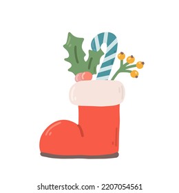 Red boot with decorative ornaments, berries, sweet cane, vector flat illustration on white background.