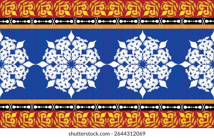 The red border carpet pattern has a pattern arranged in a row and in the middle of the white there are beautiful flowers arranged in an orderly manner. fabric patterns, vectors, blue background