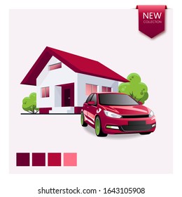 Red bordo gradient home house car automobile perspective view with green tree family house cartoon style new collection pink stylish price tag ribbon sale banner offer