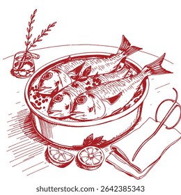Ilustração Red Bordo Vetor de uma refeição de peixe em um restaurante- prato, mesa com talheres, guardanapos e bebidas
