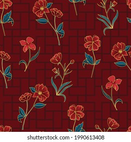 Red Botanical Flowers with Golden Outline and Geometric Background Vector Seamless Pattern