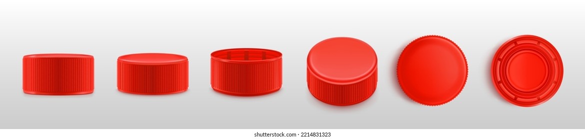 Red bottle cap, realistic plastic lids turn top, bottom and side view positions. Cover for water, beverage, drink container. Design elements isolated on white background, 3d vector illustration, set svg