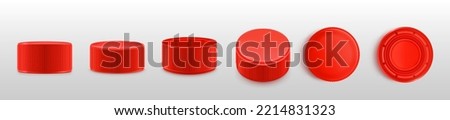Red bottle cap, realistic plastic lids turn top, bottom and side view positions. Cover for water, beverage, drink container. Design elements isolated on white background, 3d vector illustration, set Foto stock © 