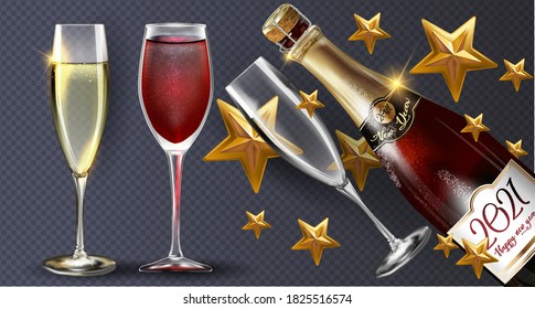 Red bottle of champagne on a transparent background with a few glasses and gold stars. Vector illustration of New year party