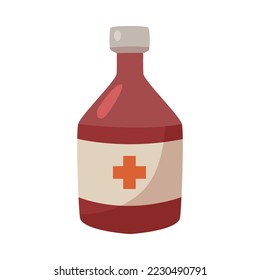 Botella roja con cura para la ilustración de dibujos animados de mascotas. Dibujo de caricaturas de medicamentos o vacunas para animales aislados con antecedentes blancos. Profesión, ocupación, trabajo, equipo, concepto de medicina