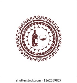 Red bottle and glass of wine icon inside distress rubber grunge texture stamp