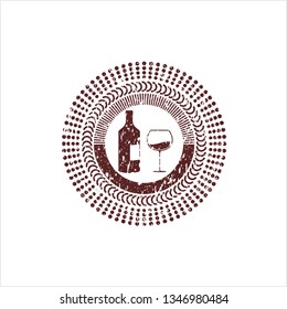 Red bottle and glass of wine icon inside grunge stamp