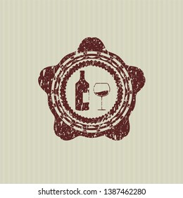 Red bottle and glass of wine icon inside distressed grunge stamp