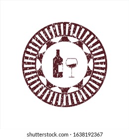 Red bottle and glass of wine icon inside distress with rubber seal texture