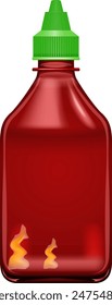 Botella roja con tapa verde y llamas en el interior