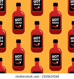 Red bottle with hot spicy sauce vector seamless pattern background.
