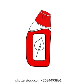 Red bottle illustration. Leaf label detail. Eco product symbol. Vector artwork.