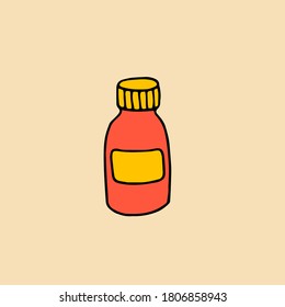 Red bottle with medicines. Container with paint. Colorful hand-drawn doodle illustration. Vector.