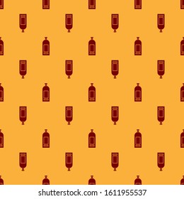 Red Bottle of shampoo icon isolated seamless pattern on brown background.  Vector Illustration