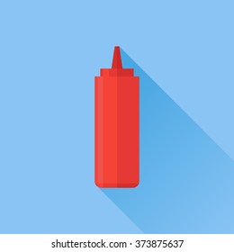 Red bottle with tomato ketchup flat icon with long shadow