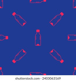 Red Bottle of water icon isolated seamless pattern on blue background. Soda aqua drink sign.  Vector