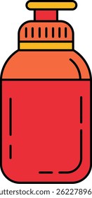 A red bottle with a yellow cap. It is a bottle of lotion