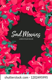 Red bougainvillea on dark background, vector graphic template