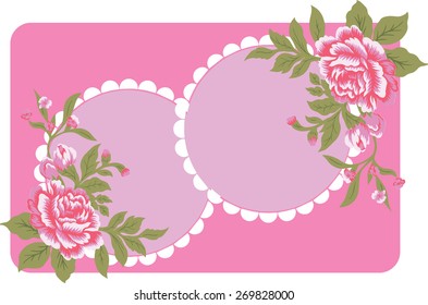 red of bouquet flora, retro design on pink picture frame.