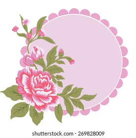 red of bouquet flora, retro design on pink picture frame.