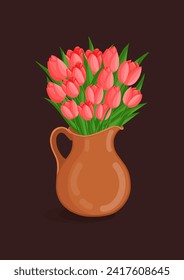Red bouquet of tulips flowers in a pitcher. Spring blooming vector illustration for women's day, mother's day, easter and other holidays. Floral isolated design for postcard, poster, ad, and other.