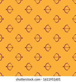 Red Bow and arrow icon isolated seamless pattern on brown background. Cupid symbol. Love sign. Valentines day concept.  Vector Illustration