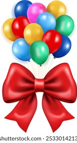 Red bow and a bunch of colorful balloons on a white background