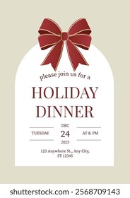 Red Bow Christmas Event Invitation Poster Holiday Dinner Template Vector Design